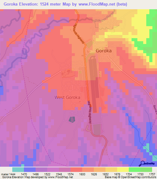 Goroka,Papua New Guinea Elevation Map