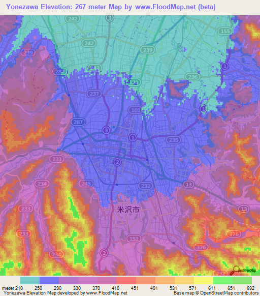 Yonezawa,Japan Elevation Map