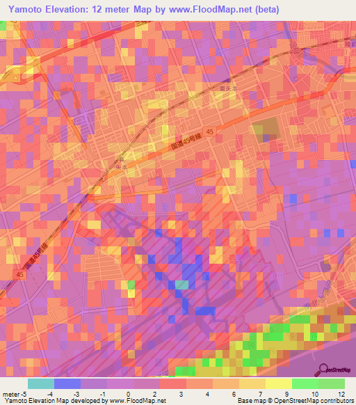 Yamoto,Japan Elevation Map