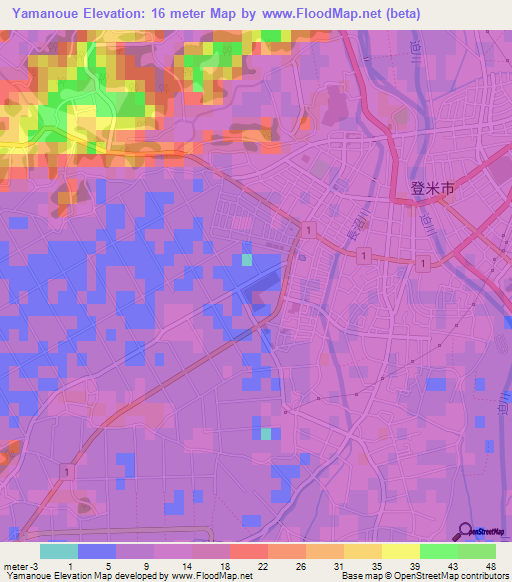 Yamanoue,Japan Elevation Map