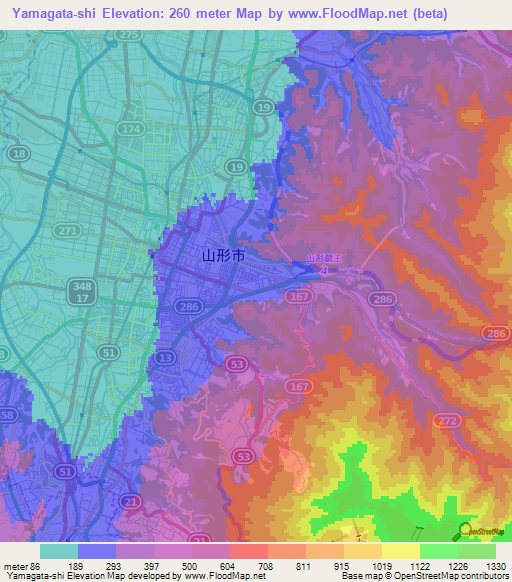 Yamagata-shi,Japan Elevation Map