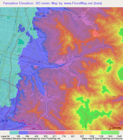 Yamadera,Japan Elevation Map