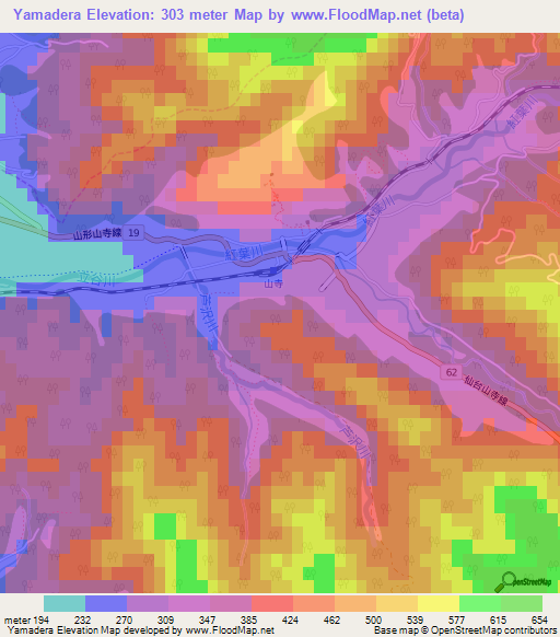 Yamadera,Japan Elevation Map