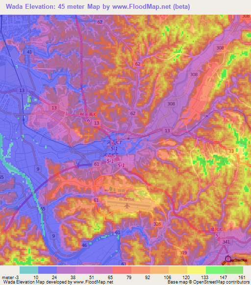 Wada,Japan Elevation Map