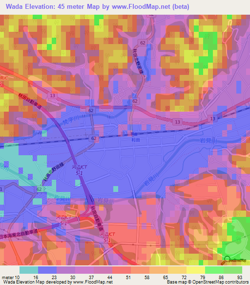 Wada,Japan Elevation Map