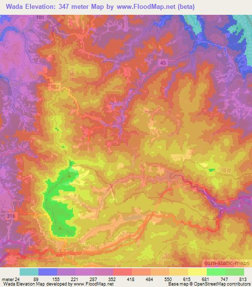 Wada,Japan Elevation Map