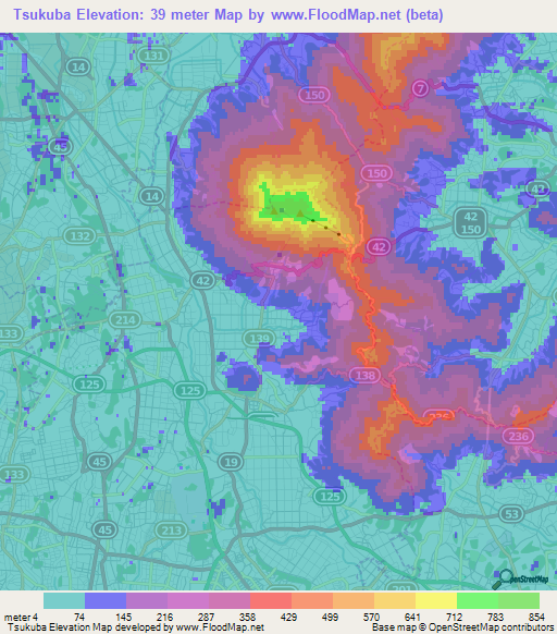 Tsukuba,Japan Elevation Map