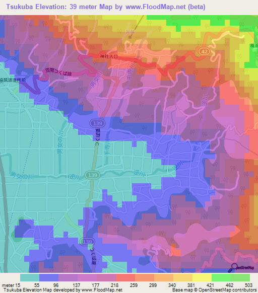 Tsukuba,Japan Elevation Map