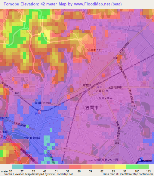 Tomobe,Japan Elevation Map
