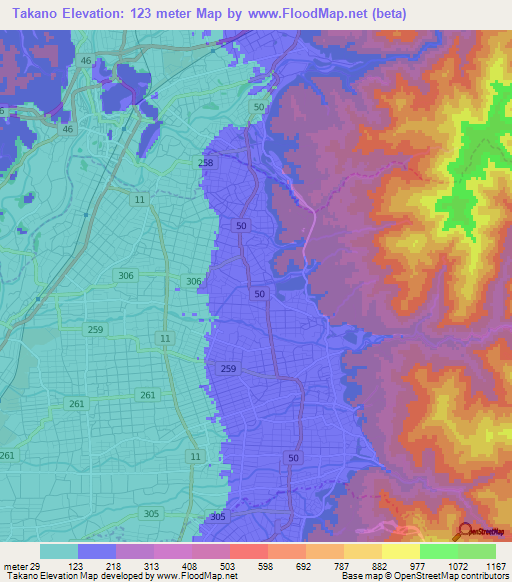Takano,Japan Elevation Map