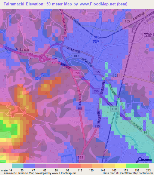 Tairamachi,Japan Elevation Map