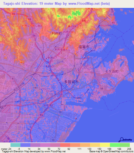 Tagajo-shi,Japan Elevation Map