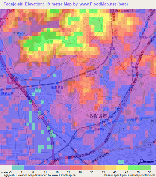 Tagajo-shi,Japan Elevation Map