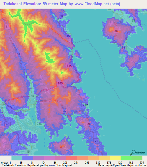 Tadakoshi,Japan Elevation Map