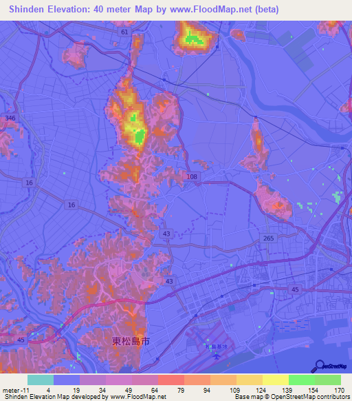 Shinden,Japan Elevation Map