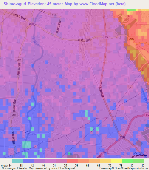 Shimo-oguri,Japan Elevation Map