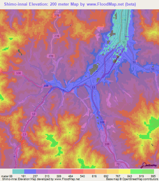 Shimo-innai,Japan Elevation Map