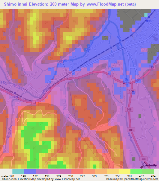 Shimo-innai,Japan Elevation Map