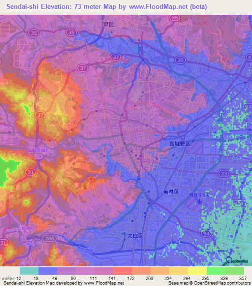 Sendai-shi,Japan Elevation Map
