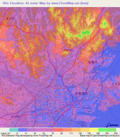 Rifu,Japan Elevation Map