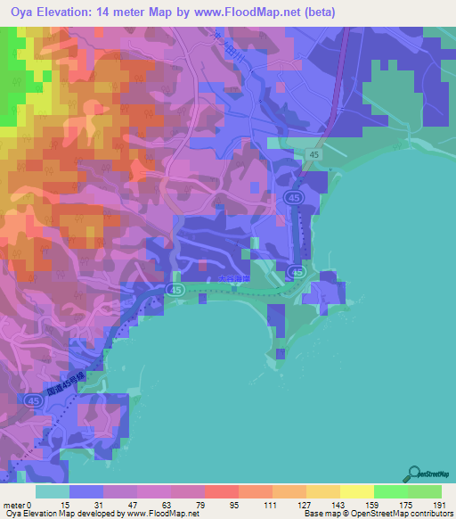 Oya,Japan Elevation Map