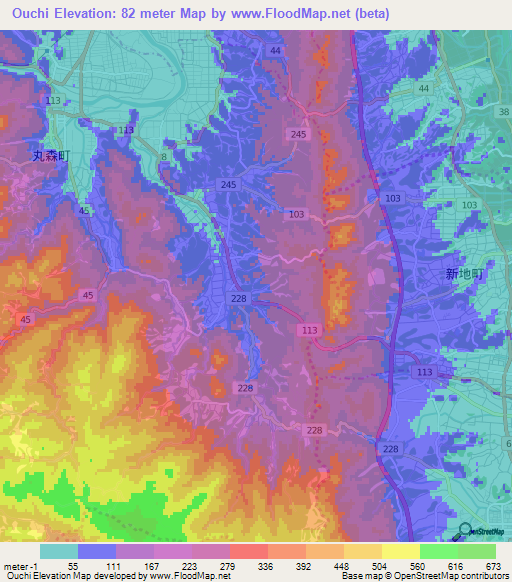 Ouchi,Japan Elevation Map