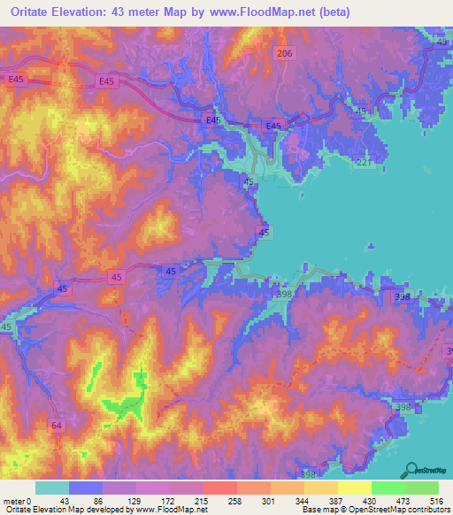 Oritate,Japan Elevation Map