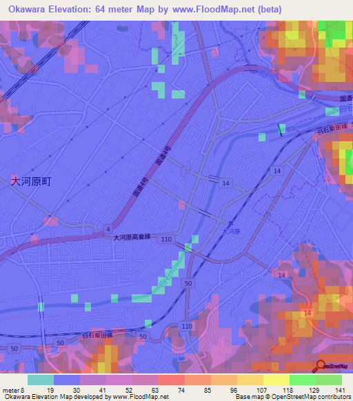 Okawara,Japan Elevation Map