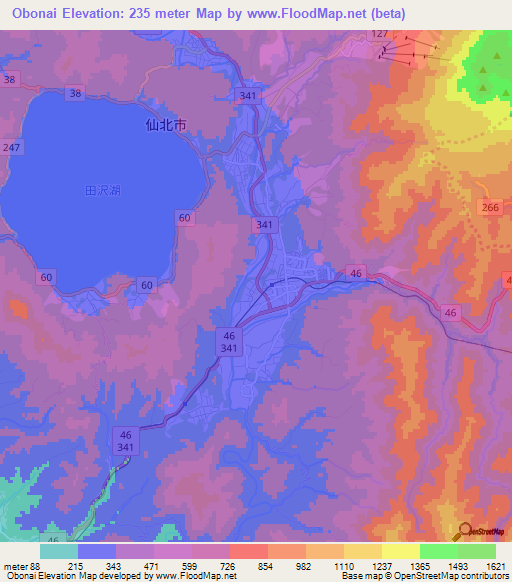 Obonai,Japan Elevation Map