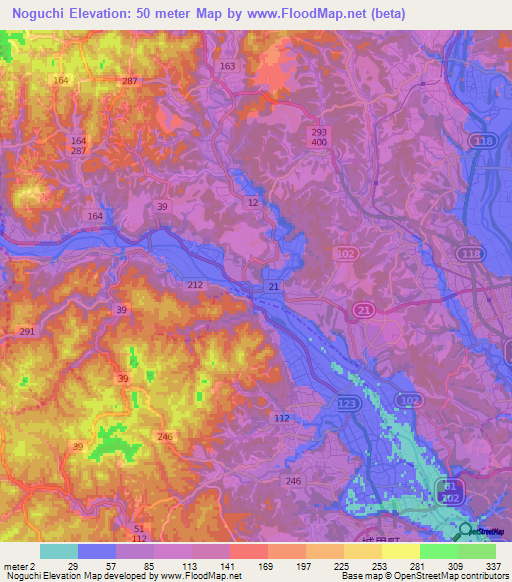 Noguchi,Japan Elevation Map