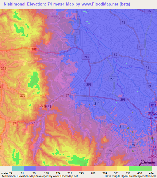 Nishimonai,Japan Elevation Map
