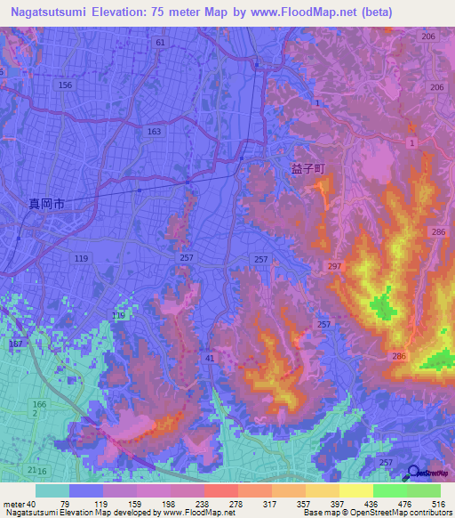 Nagatsutsumi,Japan Elevation Map