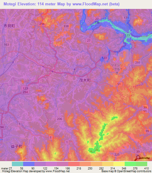 Motegi,Japan Elevation Map