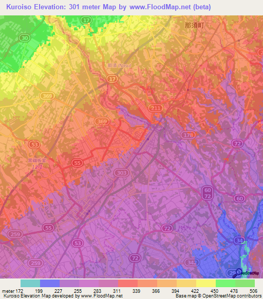 Kuroiso,Japan Elevation Map