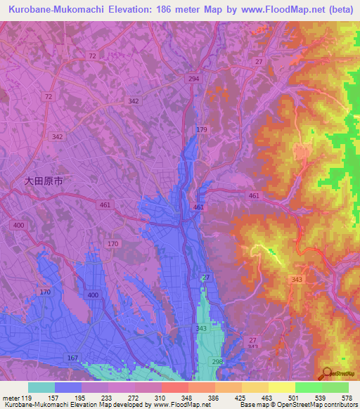 Kurobane-Mukomachi,Japan Elevation Map