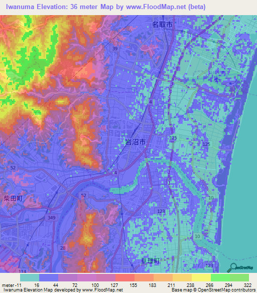 Iwanuma,Japan Elevation Map