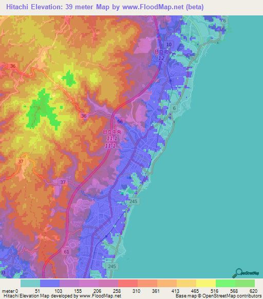 Hitachi,Japan Elevation Map