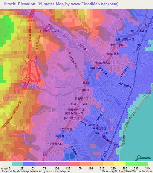 Hitachi,Japan Elevation Map
