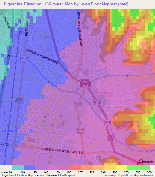 Higashine,Japan Elevation Map