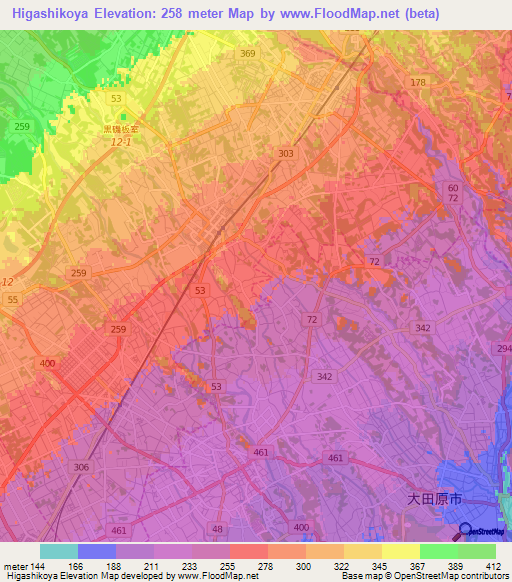 Higashikoya,Japan Elevation Map