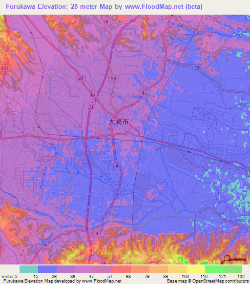 Furukawa,Japan Elevation Map