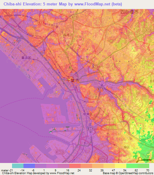 Chiba-shi,Japan Elevation Map
