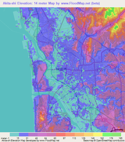 Akita-shi,Japan Elevation Map