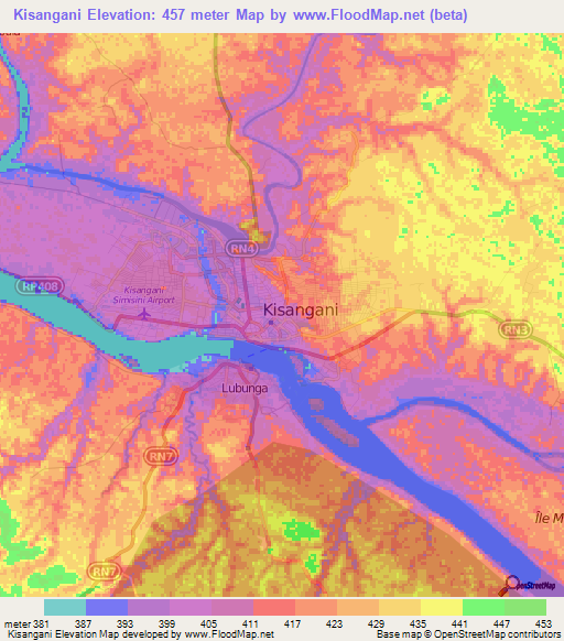 Kisangani,Congo (Kinshasa) Elevation Map