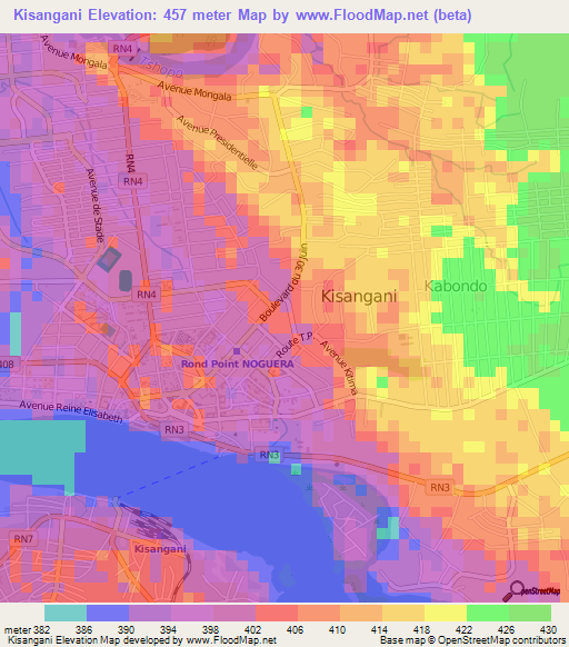 Kisangani,Congo (Kinshasa) Elevation Map