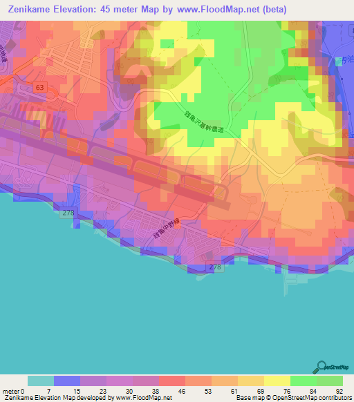 Zenikame,Japan Elevation Map