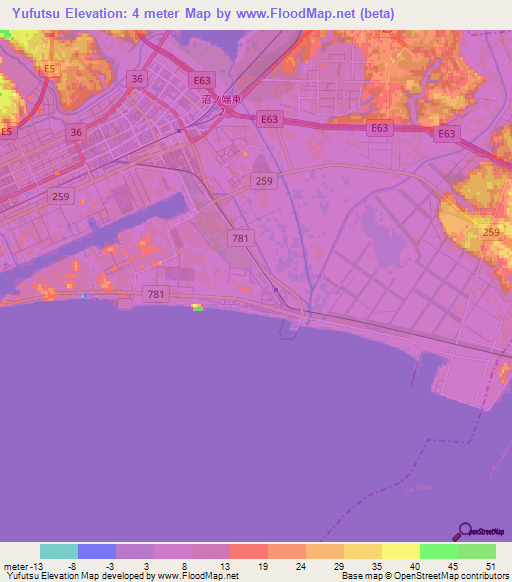 Yufutsu,Japan Elevation Map