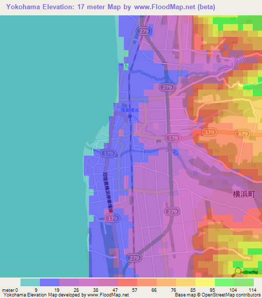 Yokohama,Japan Elevation Map