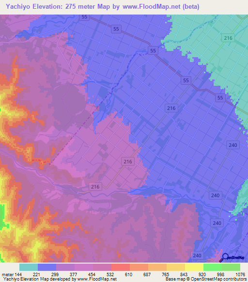 Yachiyo,Japan Elevation Map