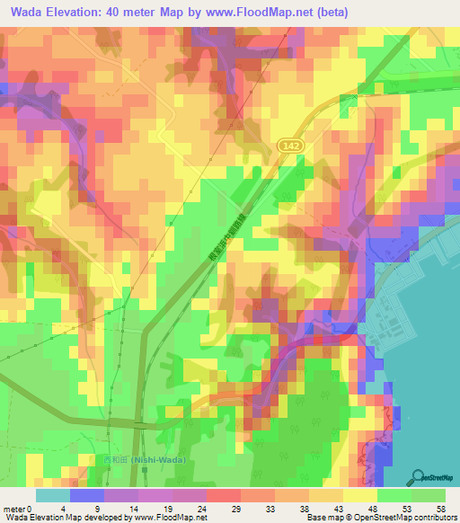 Wada,Japan Elevation Map